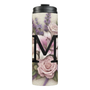 Monogram lace floral purple roses lavender lilies thermal tumbler