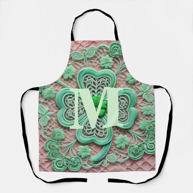 Monogram lace green shamrock St Patrick's day  Apron (Front)
