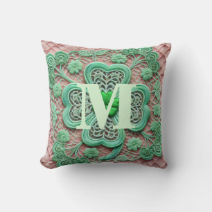 Monogram lace green shamrock St Patrick's day Cushion