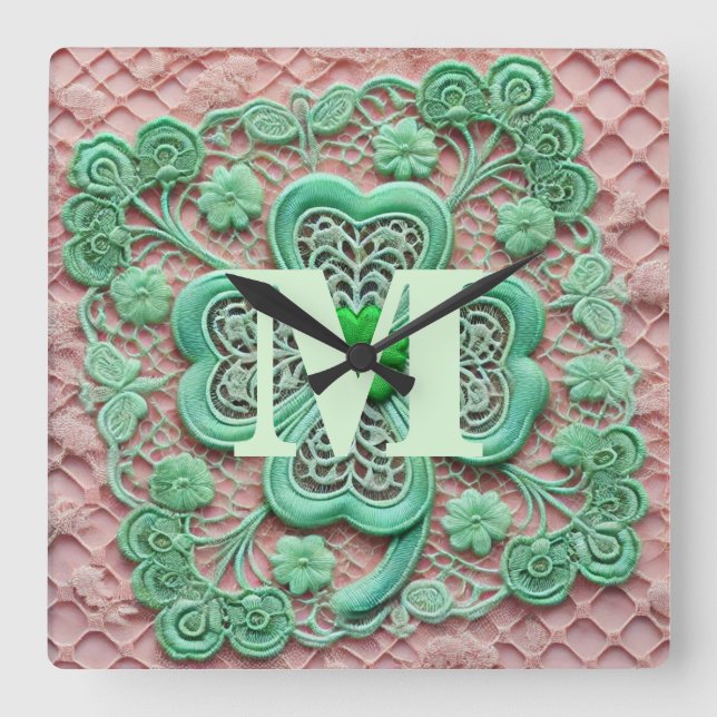 Monogram lace green shamrock St Patrick's day  Square Wall Clock (Front)