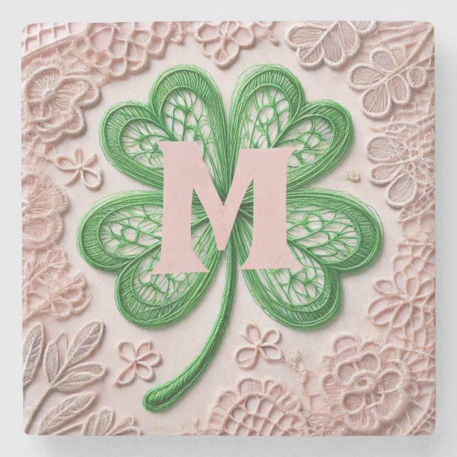 Monogram lace green shamrock St Patrick's day  Stone Coaster (Front)
