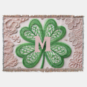 Monogram lace green shamrock St Patrick's day Throw Blanket