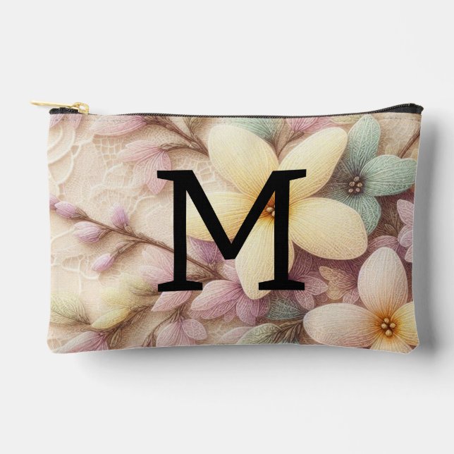 Monogram lace pink and yellow Spring flowers  Accessory Pouch (Front)