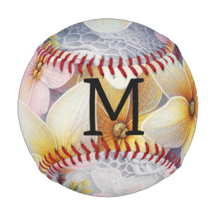 Monogram lace pink and yellow Spring flowers Baseball