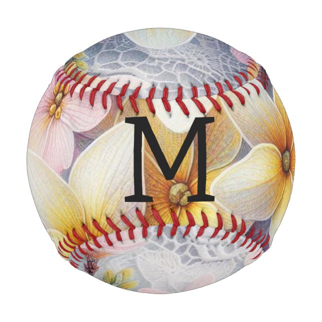 Monogram lace pink and yellow Spring flowers  Baseball (Front)