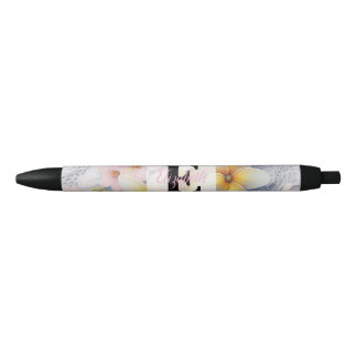 Monogram lace pink and yellow Spring flowers  Black Ink Pen