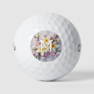 Monogram lace pink and yellow Spring flowers  Golf Balls