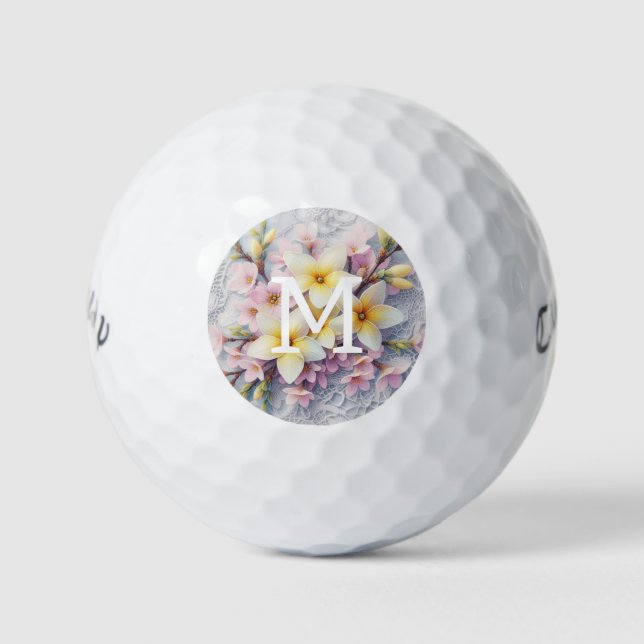 Monogram lace pink and yellow Spring flowers  Golf Balls (Front)