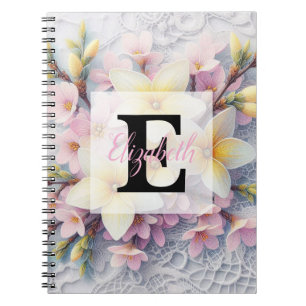 Monogram lace pink and yellow Spring flowers Notebook