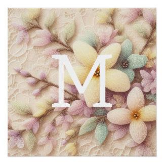 Monogram lace pink and yellow Spring flowers Poster
