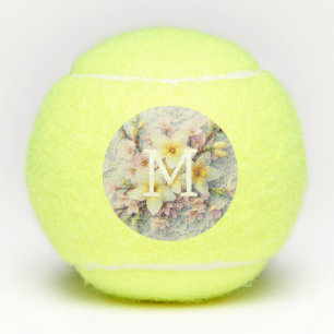 Monogram lace pink and yellow Spring flowers Tennis Balls