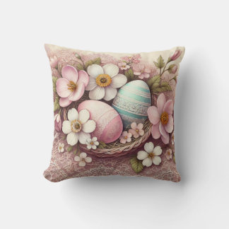 Monogram lace pink floral Easter eggs in a basket Cushion