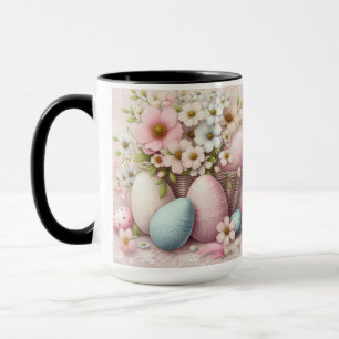 Monogram lace pink floral Easter eggs in a basket Mug