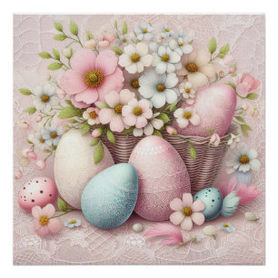 Monogram lace pink floral Easter eggs in a basket Poster