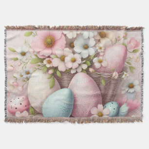 Monogram lace pink floral Easter eggs in a basket Throw Blanket