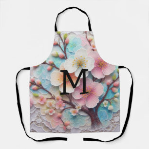 Monogram lace pink floral pastel cherry blossom apron
