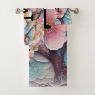 Monogram lace pink floral pastel cherry blossom bath towel set