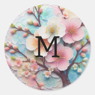 Monogram lace pink floral pastel cherry blossom  classic round sticker