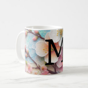 Monogram lace pink floral pastel cherry blossom  coffee mug