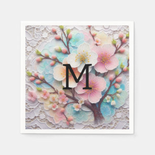 Monogram lace pink floral pastel cherry blossom  napkin