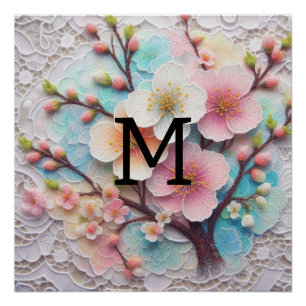Monogram lace pink floral pastel cherry blossom poster