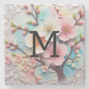 Monogram lace pink floral pastel cherry blossom stone coaster