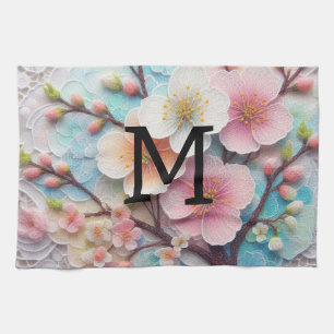 Monogram lace pink floral pastel cherry blossom  tea towel