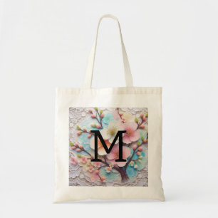 Monogram lace pink floral pastel cherry blossom  tote bag