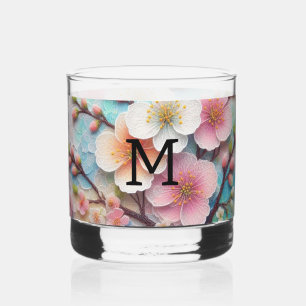 Monogram lace pink floral pastel cherry blossom  whiskey glass