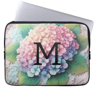 Monogram lace pink purpe hydrangea flowers laptop sleeve