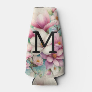 Monogram lace pink purple magnolias flowers  bottle cooler