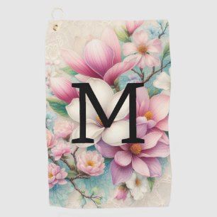 Monogram lace pink purple magnolias flowers  golf towel