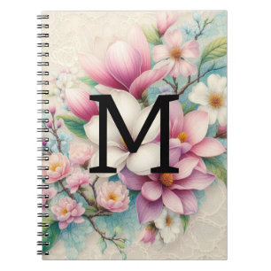 Monogram lace pink purple magnolias flowers notebook