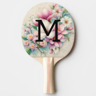 Monogram lace pink purple magnolias flowers  ping pong paddle