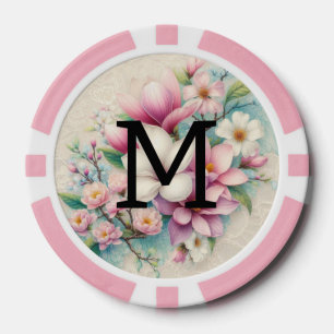 Monogram lace pink purple magnolias flowers poker chips