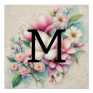 Monogram lace pink purple magnolias flowers  poster