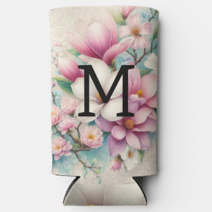 Monogram lace pink purple magnolias flowers  seltzer can cooler