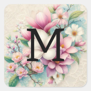 Monogram lace pink purple magnolias flowers square sticker
