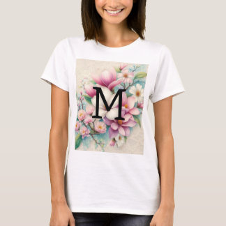 Monogram lace pink purple magnolias flowers  T-Shirt