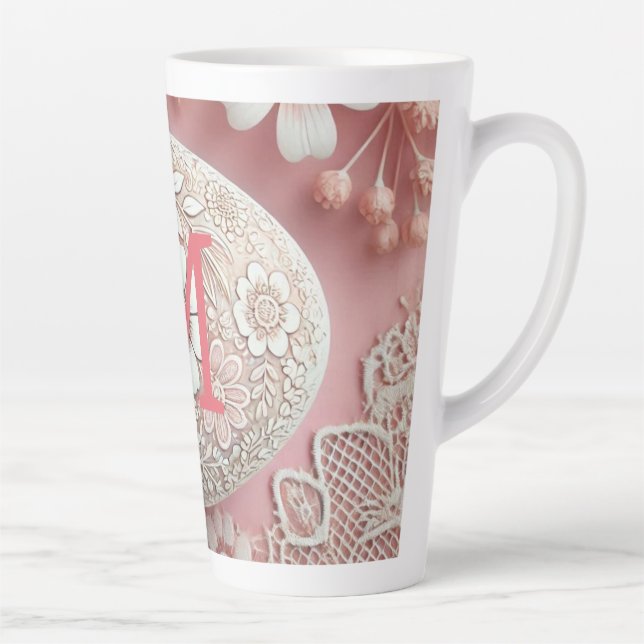 Monogram lace pink white floral Easter egg  Latte Mug (Right)