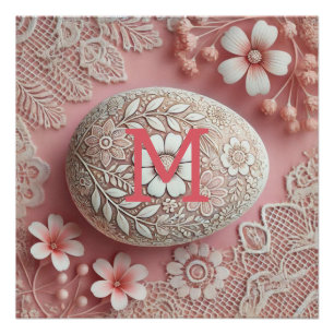 Monogram lace pink white floral Easter egg Poster