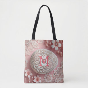 Monogram lace pink white floral Easter egg Tote Bag