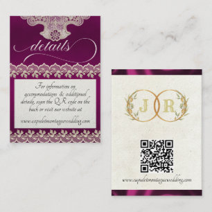 Monogram, Lace & QR Code - Plum Enclosure Card