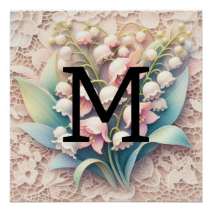 Monogram lace white lilies of the valley flowers poster
