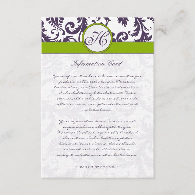 Monogram Lapis Purple Damask Information Card (Front)
