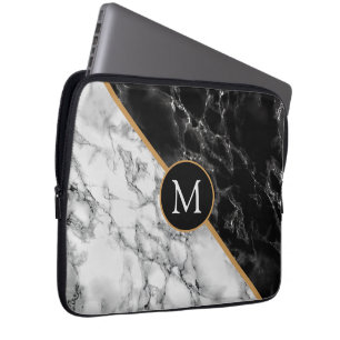 Monogram Laptop Sleeve with Black White Marble