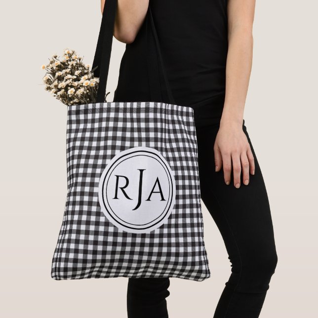 Monogram, Large Black White Buffalo Check 18" Tote Bag (Close Up)