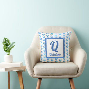 Monogram Last Name Bright Blue Polka Dot Initial Cushion