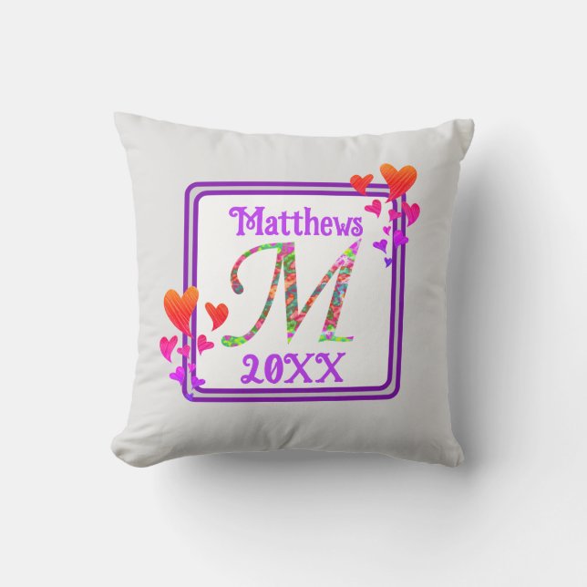 Monogram Last Name Colourful Hearts Initial Cushion (Front)