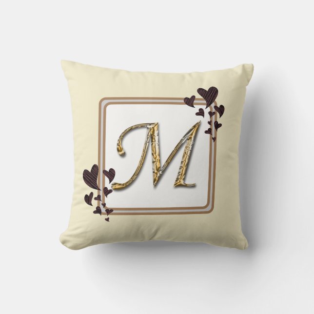 Monogram Last Name Gold Initial Hearts Keepsake Cushion (Front)